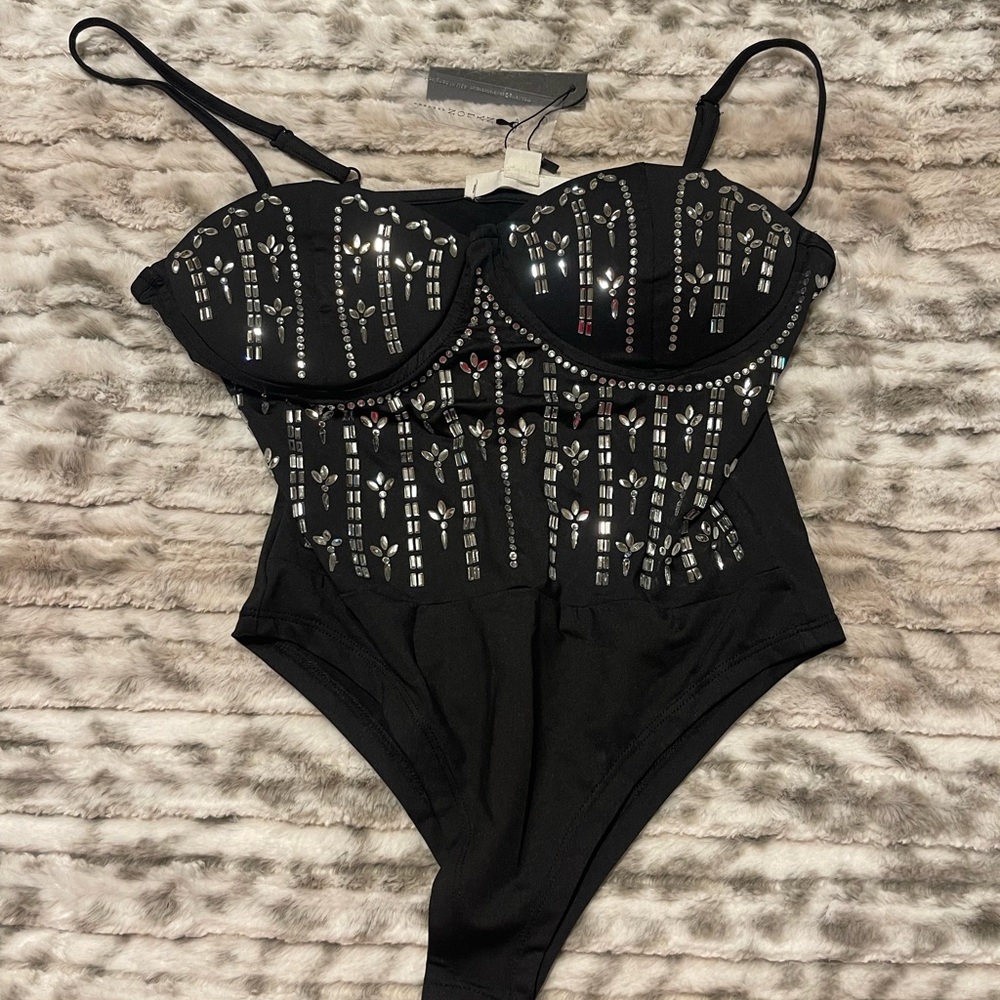 Black Bodysuit with Rhinestone Embellishments